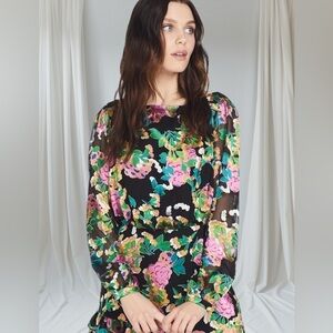Saloni Felicia Dress Silk Crepe Hydrangea Floral Tiered Ruffle Mini US 0 UK 4